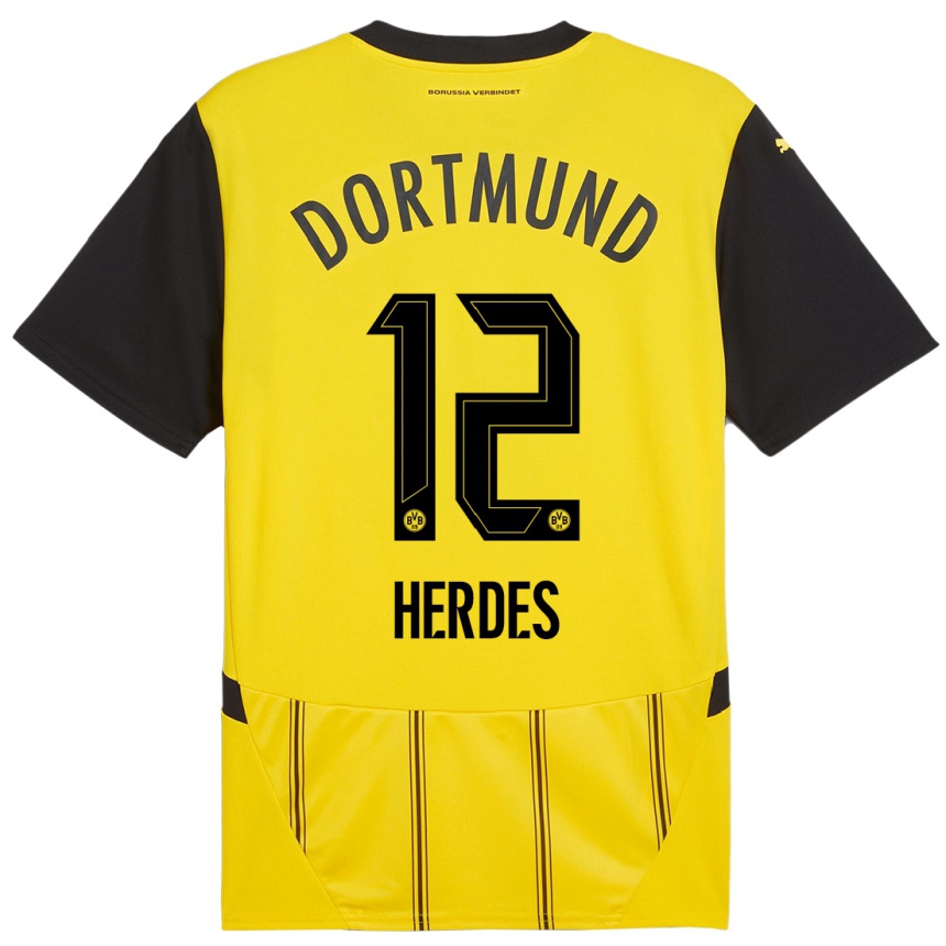 Hombre Fútbol Camiseta Leon Herdes #12 Amarillo Negro 1ª Equipación 2024/25