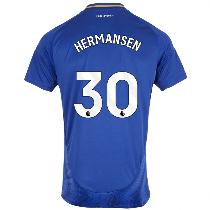 Hombre Fútbol Camiseta Mads Hermansen #30 Azul Blanco 1ª Equipación 2024/25