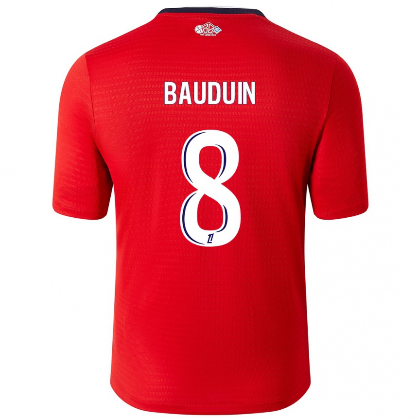 Niño Fútbol Camiseta Justine Bauduin #8 Rojo Blanco 1ª Equipación 2024/25