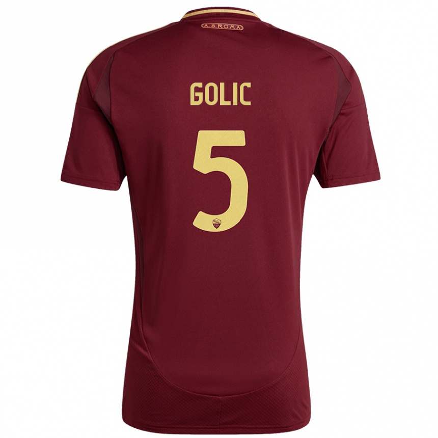 Niño Fútbol Camiseta Lovro Golic #5 Rojo Marrón Dorado 1ª Equipación 2024/25