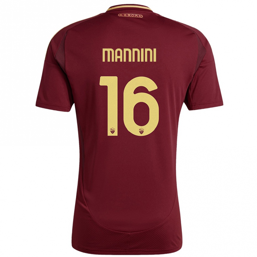 Niño Fútbol Camiseta Mattia Mannini #16 Rojo Marrón Dorado 1ª Equipación 2024/25