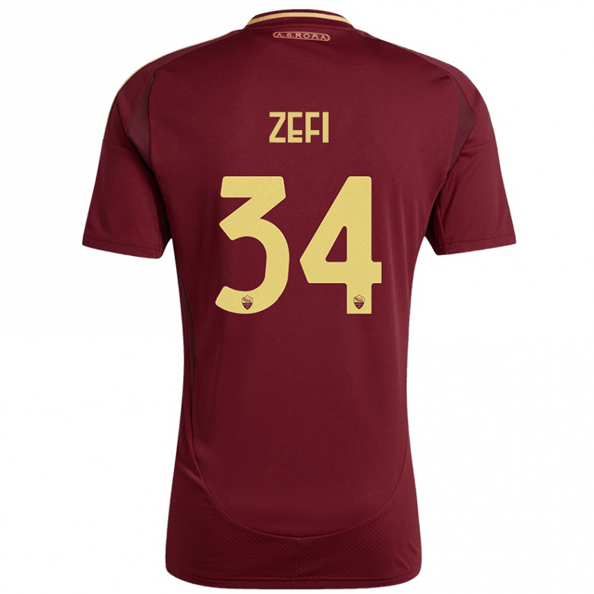 Niño Fútbol Camiseta Kevin Zefi #34 Rojo Marrón Dorado 1ª Equipación 2024/25