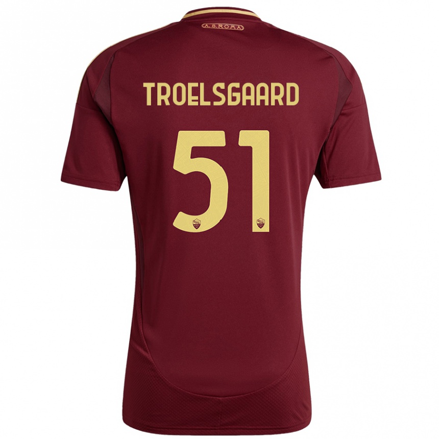 Niño Fútbol Camiseta Sanne Troelsgaard #51 Rojo Marrón Dorado 1ª Equipación 2024/25