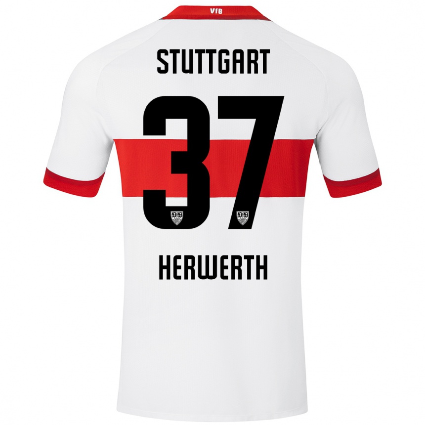 Niño Fútbol Camiseta Maximilian Herwerth #37 Blanco Rojo 1ª Equipación 2024/25