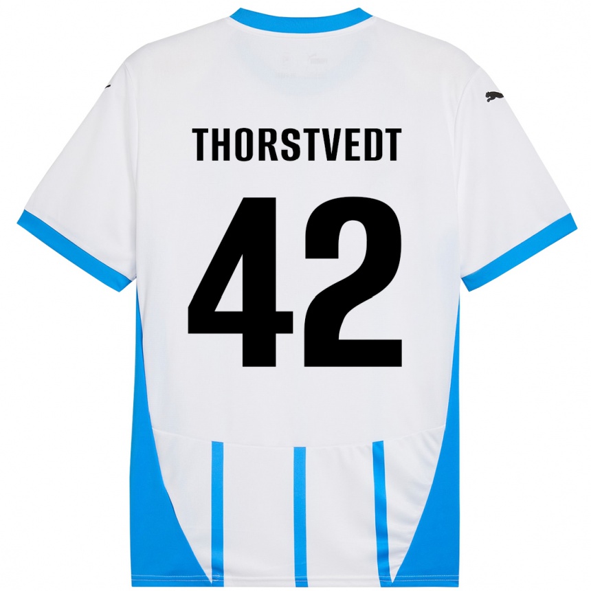 Niño Fútbol Camiseta Kristian Thorstvedt #42 Blanco Azul 2ª Equipación 2024/25