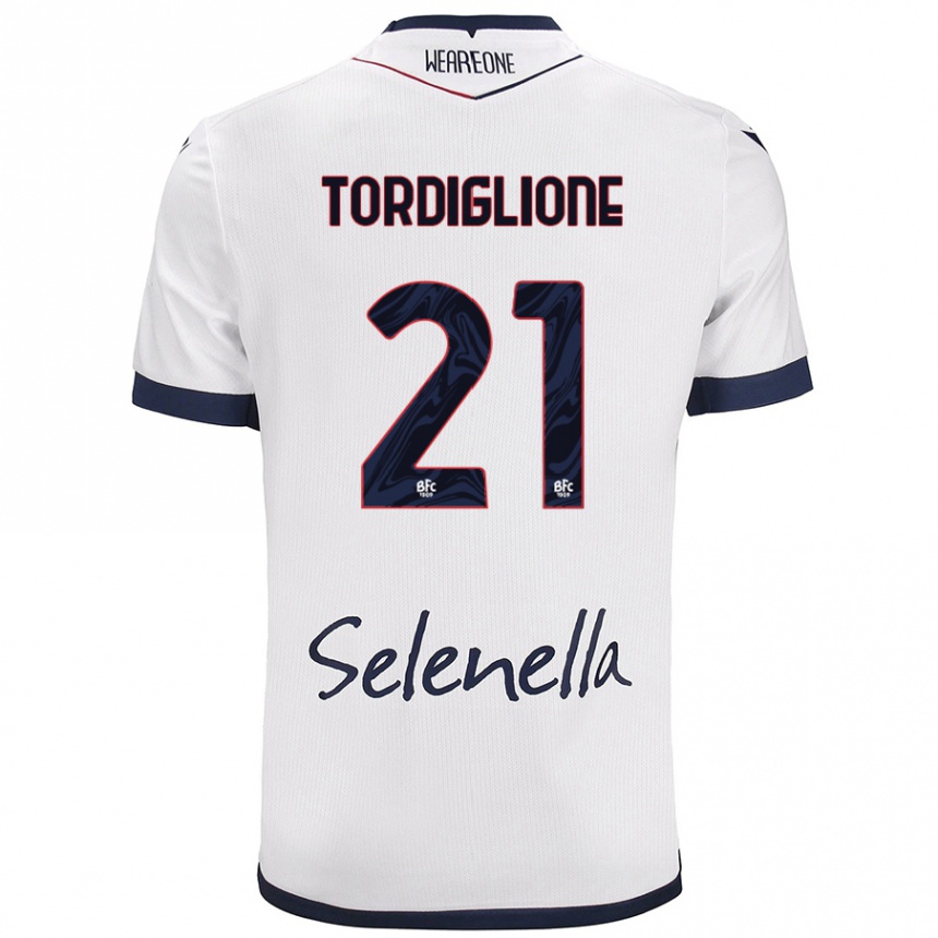 Niño Fútbol Camiseta Nicolò Tordiglione #21 Blanco Azul Real 2ª Equipación 2024/25