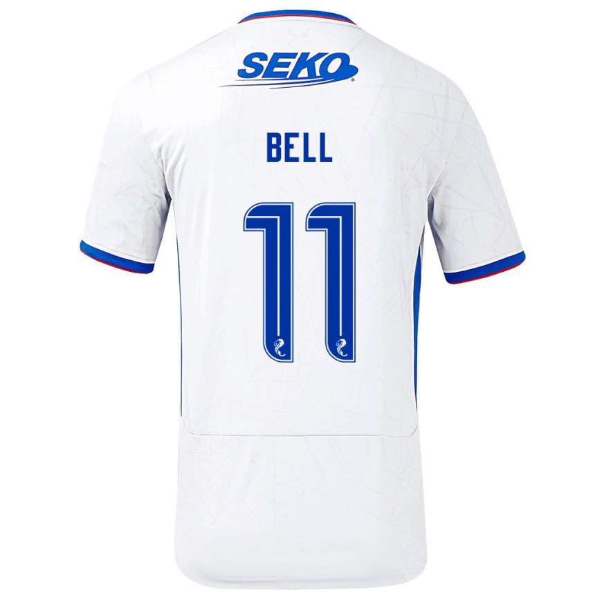 Niño Fútbol Camiseta Megan Bell #11 Blanco Azul 2ª Equipación 2024/25