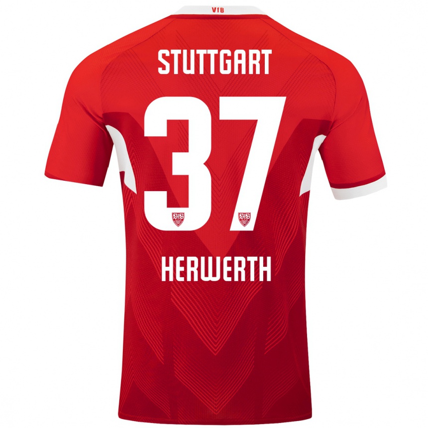 Niño Fútbol Camiseta Maximilian Herwerth #37 Rojo Blanco 2ª Equipación 2024/25