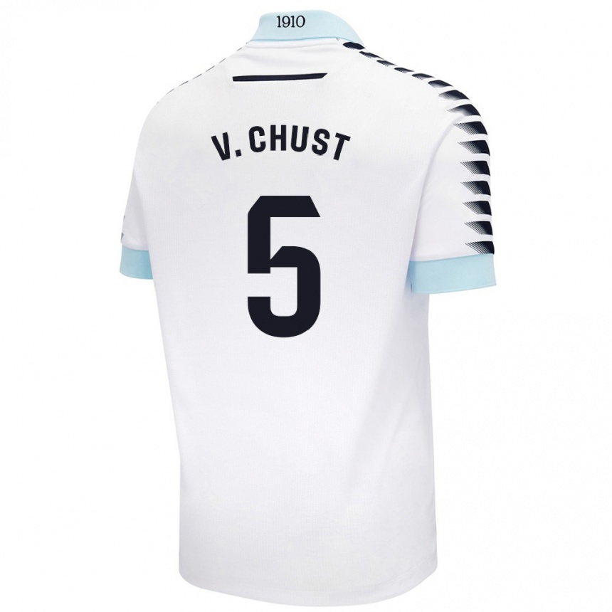 Niño Fútbol Camiseta Víctor Chust #5 Blanco Azul 2ª Equipación 2024/25