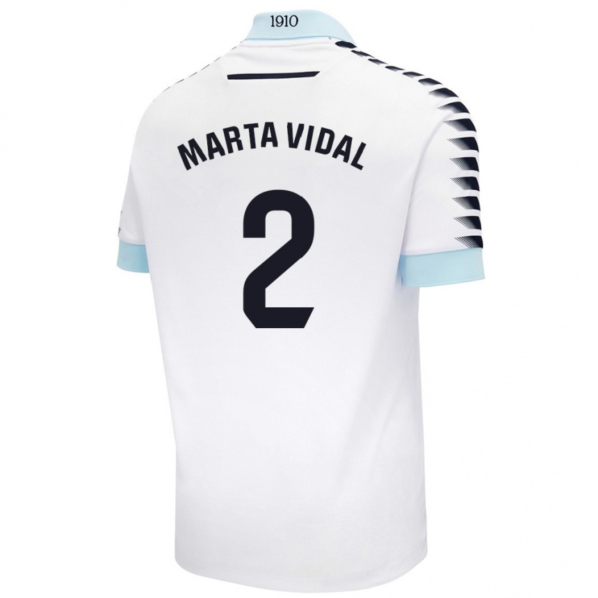 Niño Fútbol Camiseta Marta Vidal Vela #2 Blanco Azul 2ª Equipación 2024/25