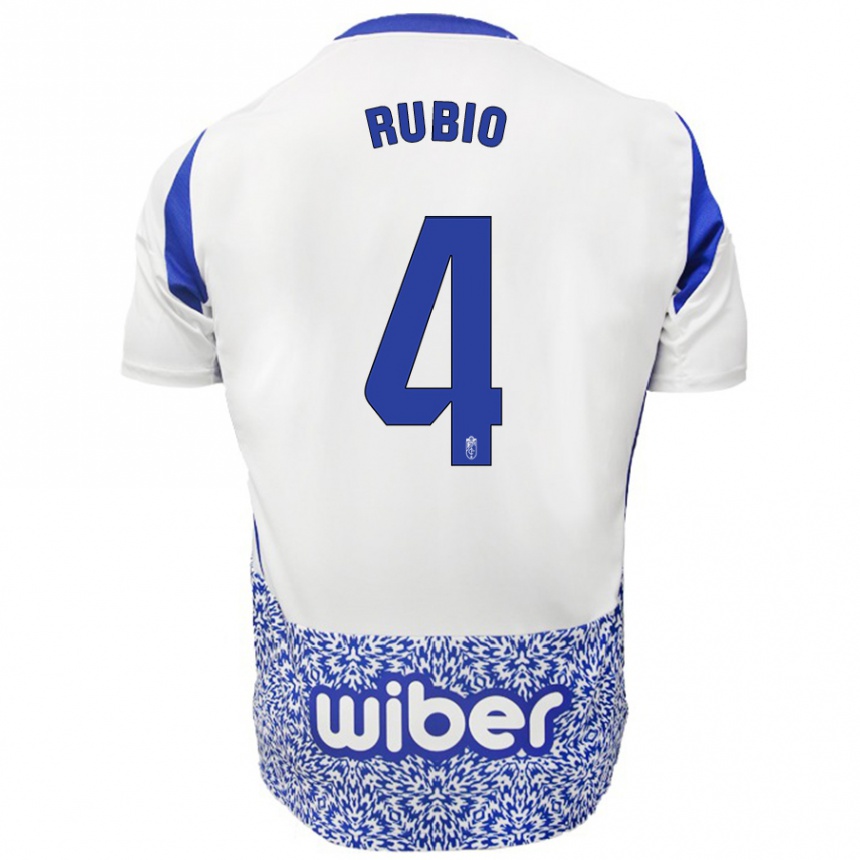 Niño Fútbol Camiseta Miguel Rubio #4 Blanco Azul 2ª Equipación 2024/25