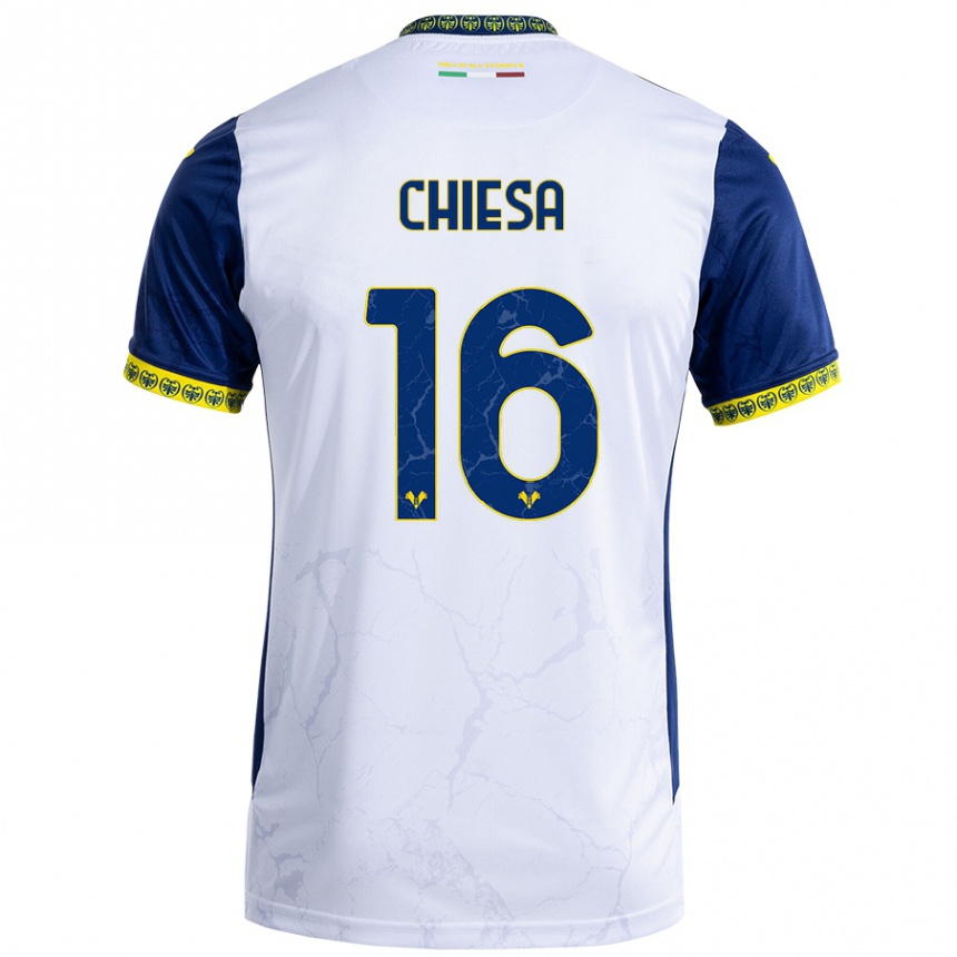 Niño Fútbol Camiseta Mattia Chiesa #16 Blanco Azul 2ª Equipación 2024/25