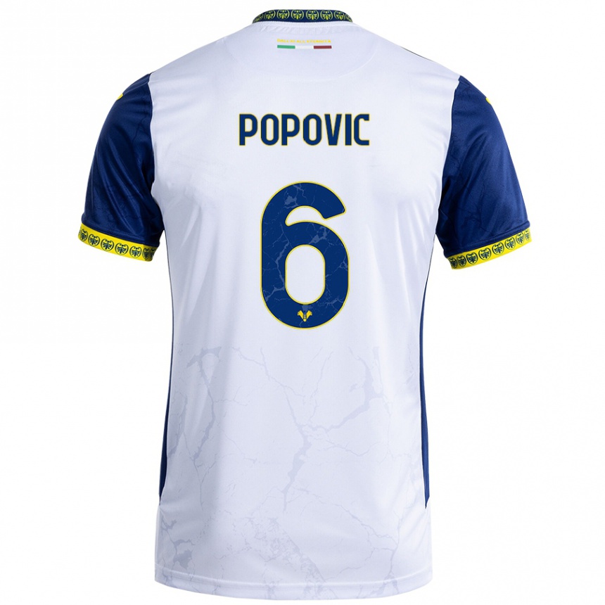 Niño Fútbol Camiseta Andrej Popovic #6 Blanco Azul 2ª Equipación 2024/25