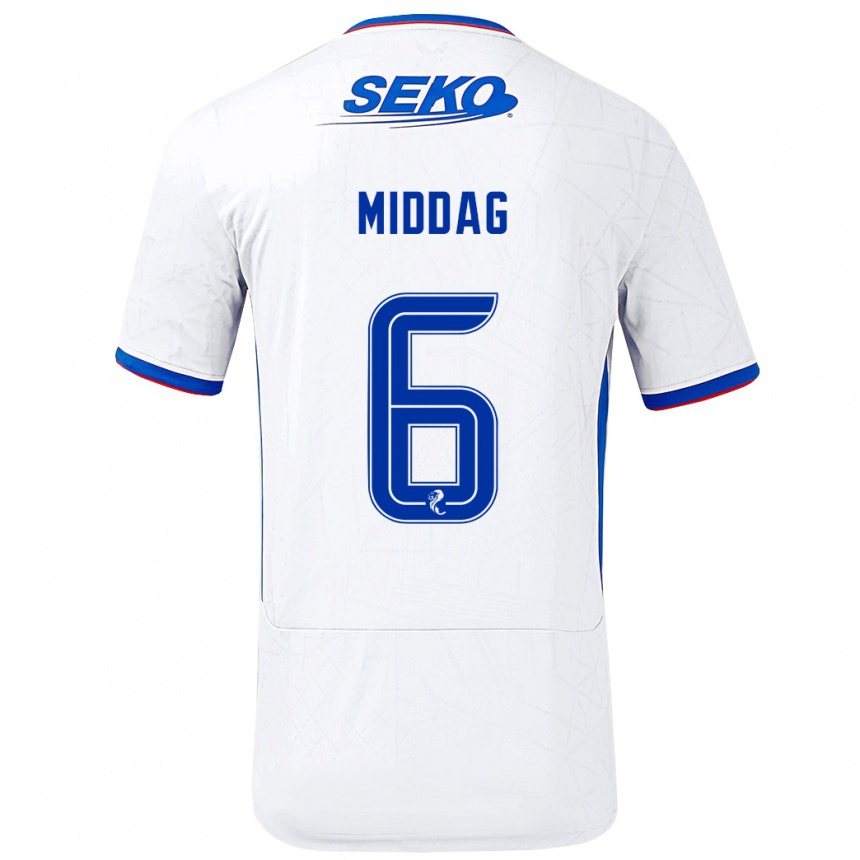 Hombre Fútbol Camiseta Tessel Middag #6 Blanco Azul 2ª Equipación 2024/25