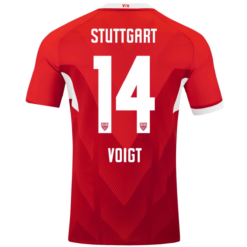 Hombre Fútbol Camiseta Max Voigt #14 Rojo Blanco 2ª Equipación 2024/25