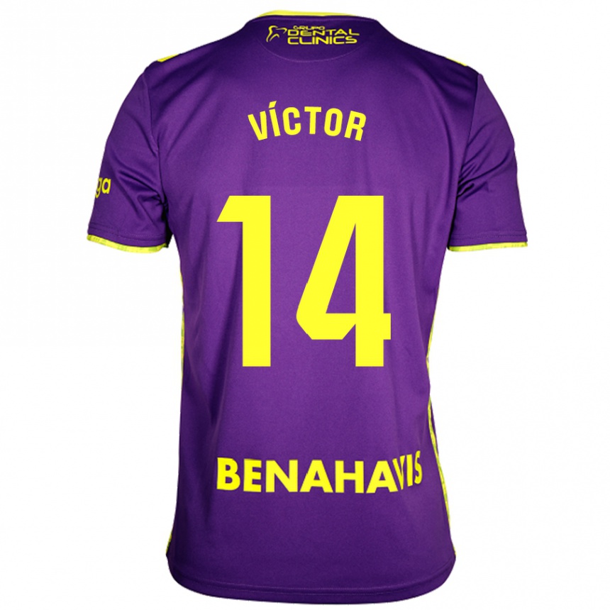 Hombre Fútbol Camiseta Víctor García #14 Púrpura Amarillo 2ª Equipación 2024/25