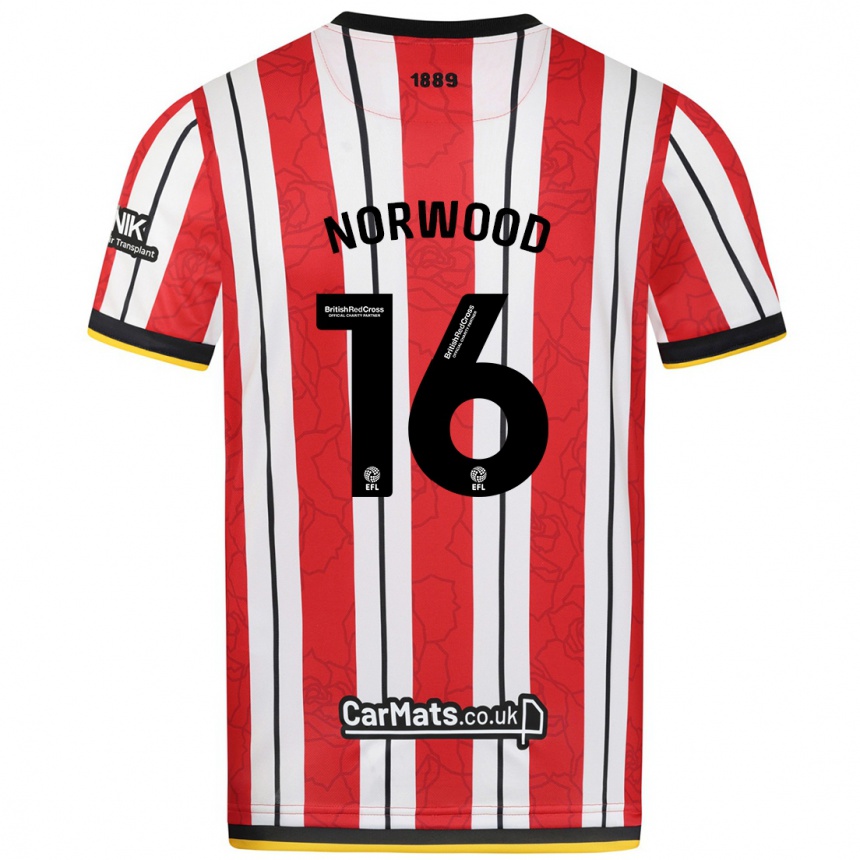 Niño Fútbol Camiseta Oliver Norwood #16 Rojo Blanco Rayas 1ª Equipación 2024/25