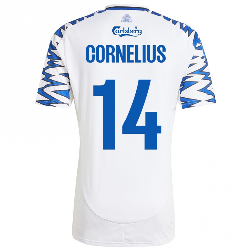 Niño Fútbol Camiseta Andreas Cornelius #14 Blanco Azul Cielo 1ª Equipación 2024/25