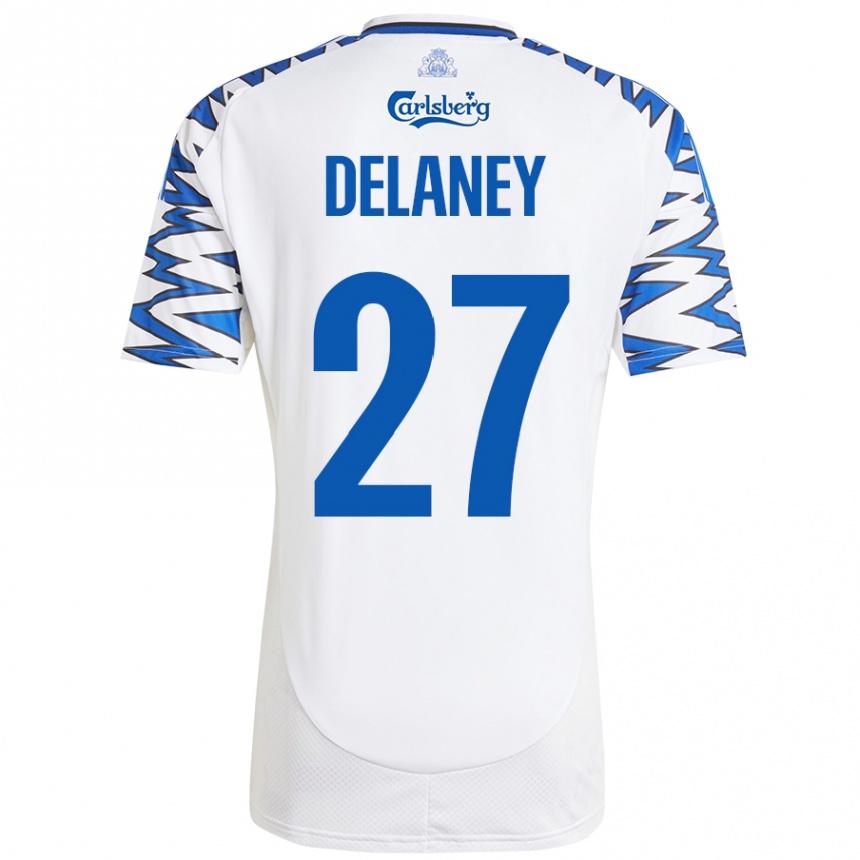 Niño Fútbol Camiseta Thomas Delaney #27 Blanco Azul Cielo 1ª Equipación 2024/25