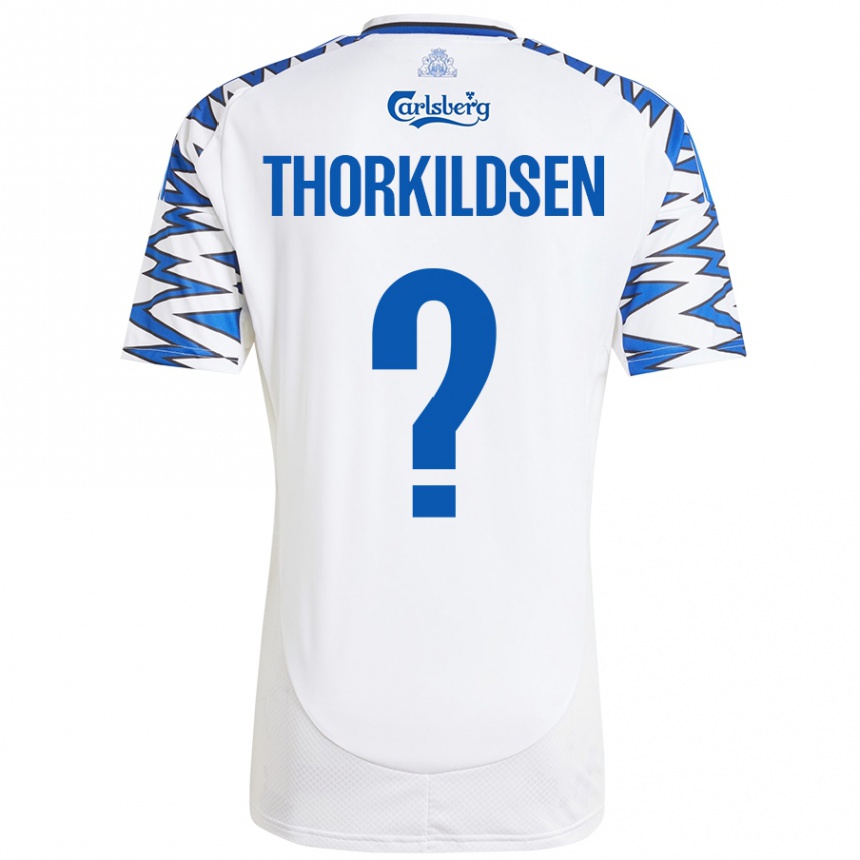 Niño Fútbol Camiseta Elias Thorkildsen #0 Blanco Azul Cielo 1ª Equipación 2024/25