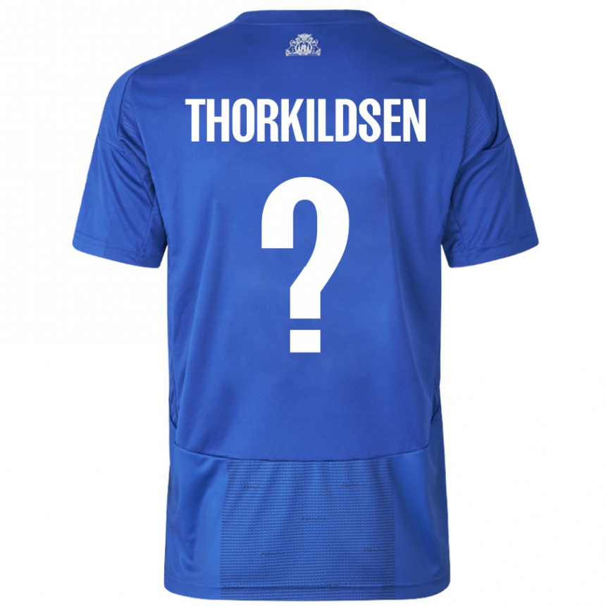 Niño Fútbol Camiseta Elias Thorkildsen #0 Blanco Azul 2ª Equipación 2024/25